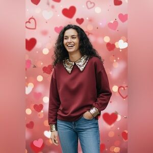 895. Sequin Collared Pullover Red Gold